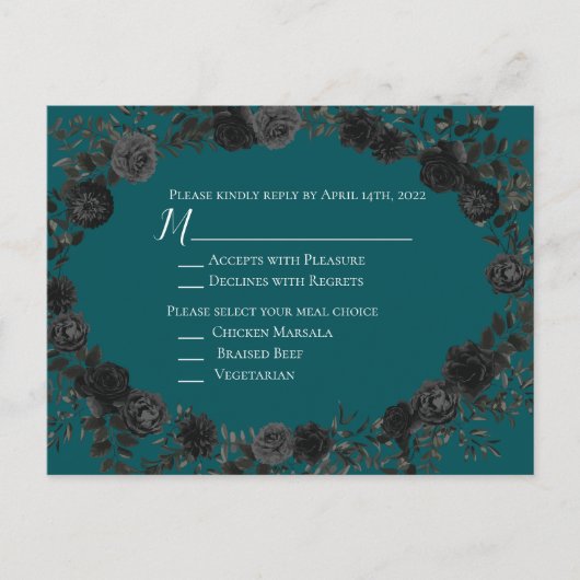 Zwart Blauwgroen Roos Gothic Elegant Wedding Briefkaart (Voorkant)