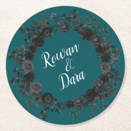 Zwart Blauwgroen Roos Gothic Elegant Wedding Ronde Kartonnen Onderzetter