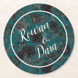 Zwart Blauwgroen Roos Gothic Elegant Wedding Ronde Kartonnen Onderzetter