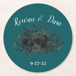 Zwart Blauwgroen Roos Gothic Elegant Wedding Ronde Kartonnen Onderzetter