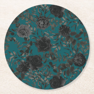Zwart Blauwgroen Roos Gothic Elegant Wedding Ronde Kartonnen Onderzetter