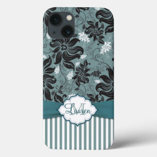 Zwart, blauwgroen, wit bloemmonogram iPhone 13 hoesje