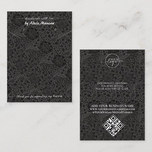 Zwart Bloem Logo QR Code Ketting Oorbel Sieraden Visitekaartje (Voorkant / Achterkant)