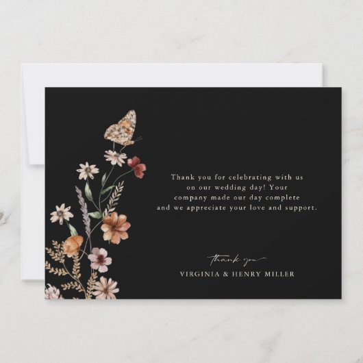 Zwart Bloemen Bruiloft Dank u kaart (Achterkant)