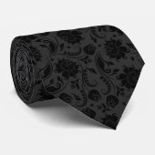 Zwart Bloemen Damasks Custom Grijze Achtergrond Stropdas (Opgerold)