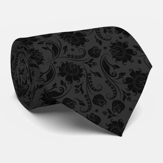 Zwart Bloemen Damasks Custom Grijze Achtergrond Stropdas (Opgerold)