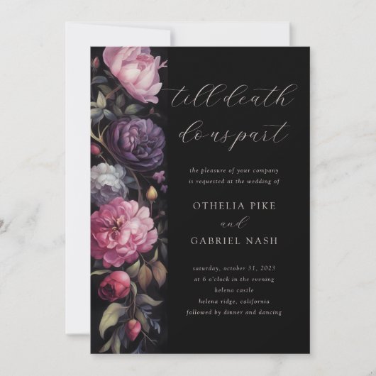 Zwart Bloemen Gotisch Alles in een QR Code Bruilof Kaart (Voorkant)