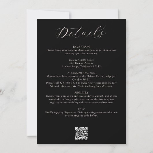 Zwart Bloemen Gotisch Alles in een QR Code Bruilof Kaart (Achterkant)