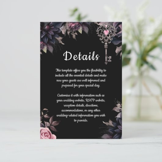 Zwart Bloemen Gotische bruiloft Details Informatiekaartje (Staand voorkant)