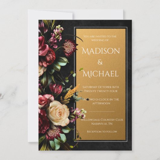 Zwart Bloemen Goud Moderne Bruiloft Kaart (Voorkant)