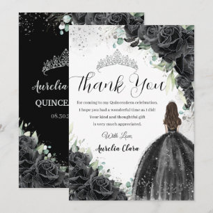 Zwart Bloemen Jurk Zilver Quinceañera Sweet 16 XV Bedankkaart