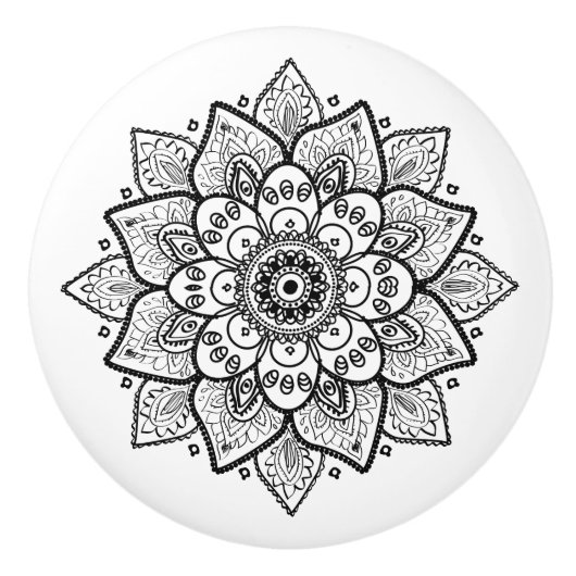 Zwart Bloemen Mandala Keramische Knop (Voorkant)