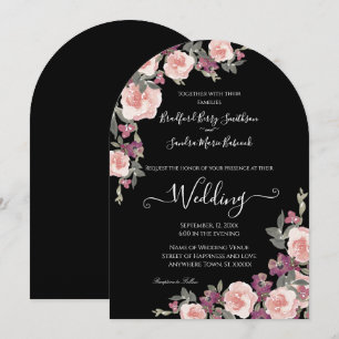 Zwart Bloemen Mauve Blush Roze Bruiloft Uitnodigin Kaart