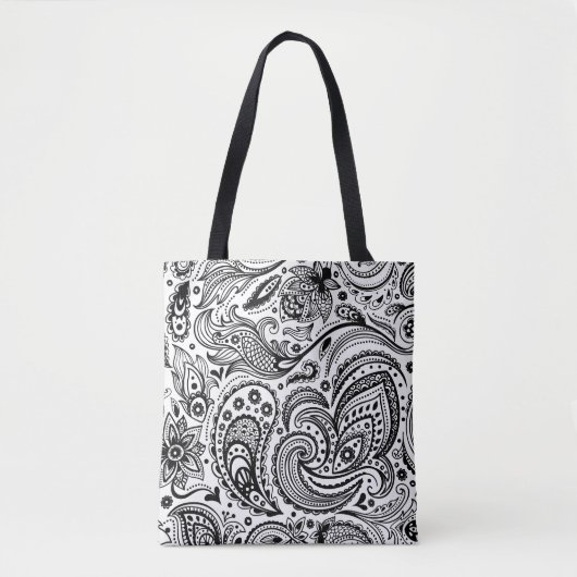 Zwart  Bloemen Paisley Patroon Tote Bag (Voorkant)
