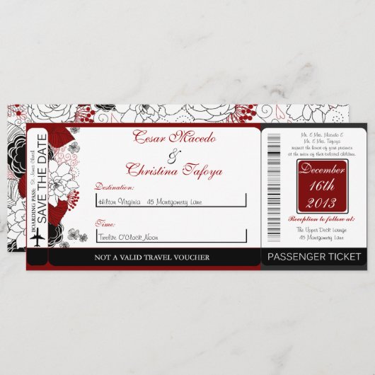 Zwart Bloemen Rood Boarding Pass Bruiloft uitnodig Kaart (Voorkant / Achterkant)