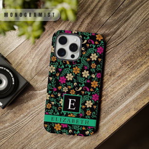 Zwart Bloemen Roze Groen iPhone 15 Pro Max Hoesje