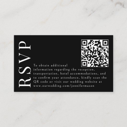 Zwart bloemenmoderne bruiloft RSVP QR-codekaarten Informatiekaartje (Voorkant)