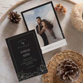 Zwart Bloemig Rustiek Monogram Foto QR Trouwen  Kaart