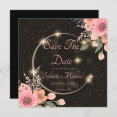 Zwart/bloemig Save the Date Kaart (Voorkant / Achterkant)