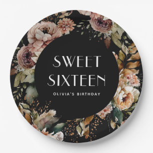 Zwart & Bloemig Sweet Sixteen   Elegante Verjaarda Papieren Bordje