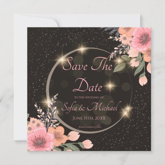 Zwart/bloemige Save the Date Kaart (Voorkant)