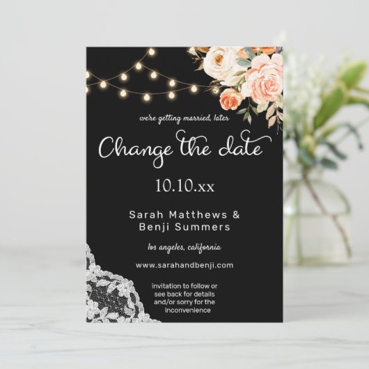 Zwart & Blush Perzik Bloemrijke Kant Wijzig de Dat Kaart (Staand voorkant)