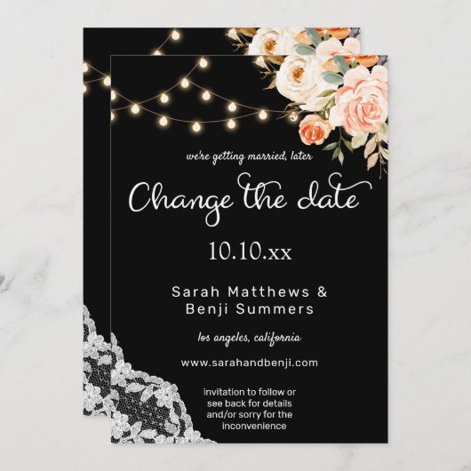 Zwart & Blush Perzik Bloemrijke Kant Wijzig de Dat Kaart (Voorkant / Achterkant)