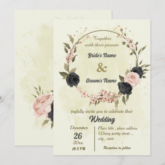 zwart blush roze bloemen botanische bruiloft kaart (Voorkant / Achterkant)