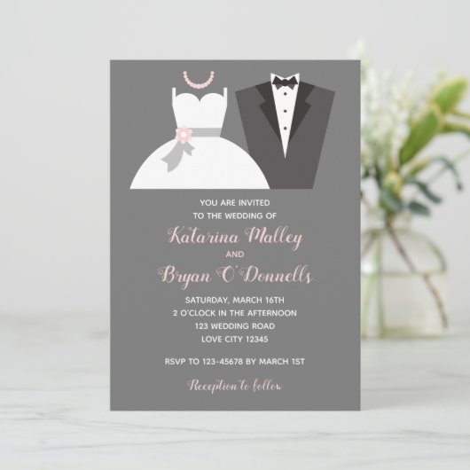 Zwart & Blush Roze Bruiloft Uitnodigingen Tuxedo G (Staand voorkant)