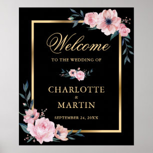 Zwart Blush Roze Goud Bloemen Huwelijk Welkom Teke Poster