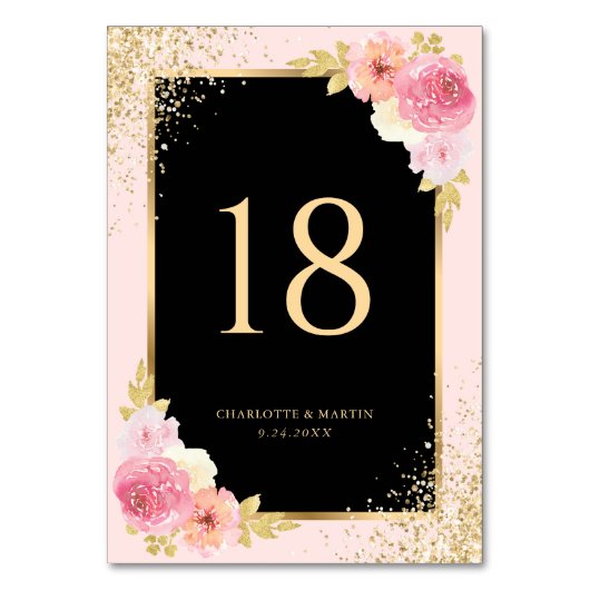 Zwart Blush Roze Goud Confetti Waterverf Bloemen Kaart (Achterkant)