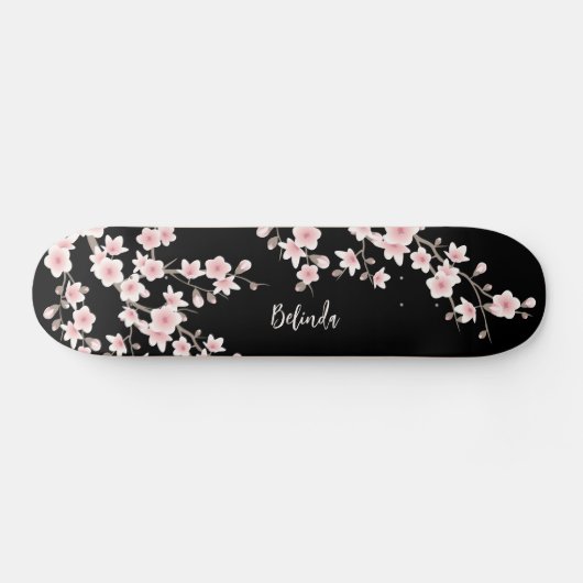 Zwart BLUSH Roze Kersenbloesem Monogram Skateboard (Horizontaal)