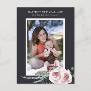 ZWART BLUSH ROZE ROOS HOLLY BERRY NIEUWJAARSFOTO BRIEFKAART