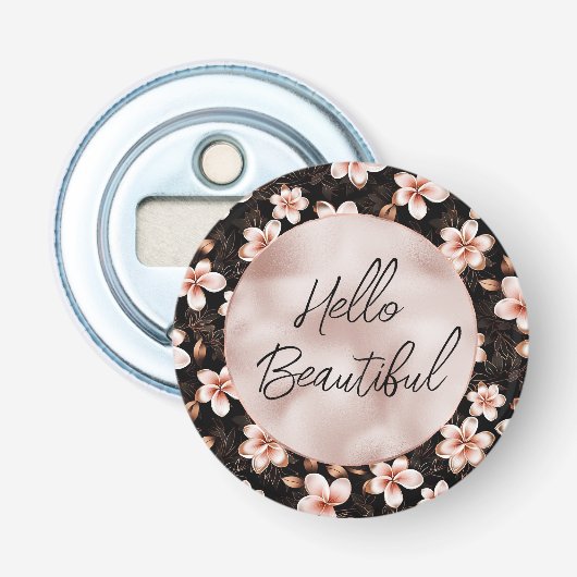Zwart Blush Roze Rose Goud Bloemen Button Flesopener (Voorkant)