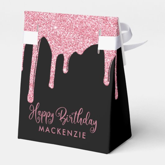 Zwart Blush Roze Sparkle Glitter Drips Verjaardag Bedankdoosjes (Achterkant)