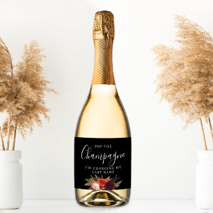 Zwart Boho Bloemen Vrijgezellenfeest Sparkling Wijnetiket