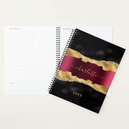 Zwart bordeaux goud agaat marmer naam planner (Display)