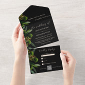Zwart Botanisch groen | QR-code All In One Uitnodiging (Afscheurbaar)