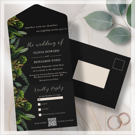 Zwart Botanisch groen | QR-code All In One Uitnodiging