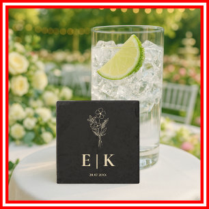 Zwart & Boter Geel Wildflower Monogram Huwelijk Stenen Onderzetter