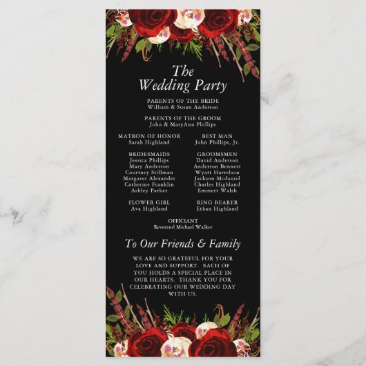 Zwart Bourgogne Bloemen Boho Bruiloft Programma (Achterkant)