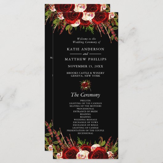 Zwart Bourgogne Bloemen Boho Bruiloft Programma (Voorkant / Achterkant)