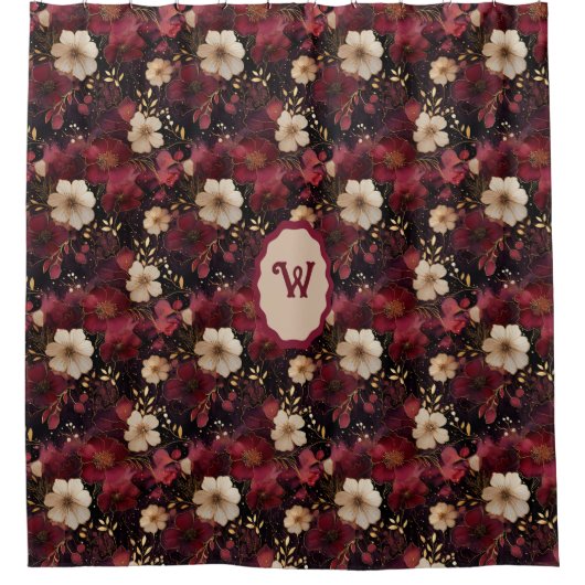 Zwart Bourgogne Gold Cream Bloemmonogram Douchegordijn (Voorkant)