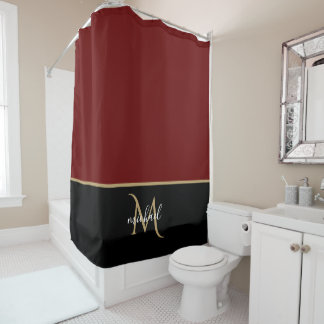 Zwart | Bourgogne & Goud Monogram Elegante Luxe Douchegordijn