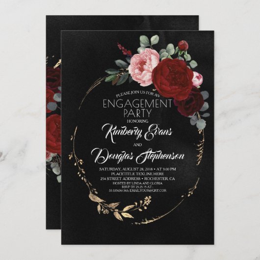 Zwart Bourgondië Rood Goud Bloemig Verloving Feest Kaart (Voorkant / Achterkant)