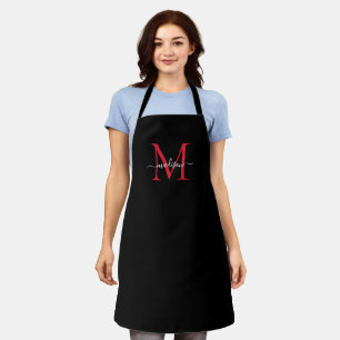 Zwart Bourgondisch Rood Monogram Girly Vrouwelijk  Schort