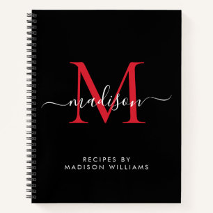 Zwart Bourgondisch Rood Monogram Script Naam Recep Notitieboek