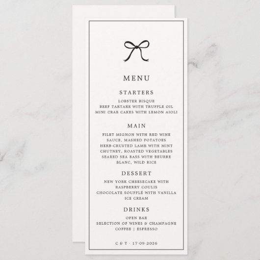 Zwart Bow Minimalist Elegant Wedding Menu (Voorkant / Achterkant)