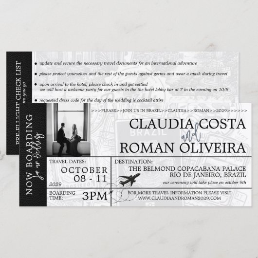 Zwart Brazilië Bruiloft Boarding Pass (Voorkant / Achterkant)
