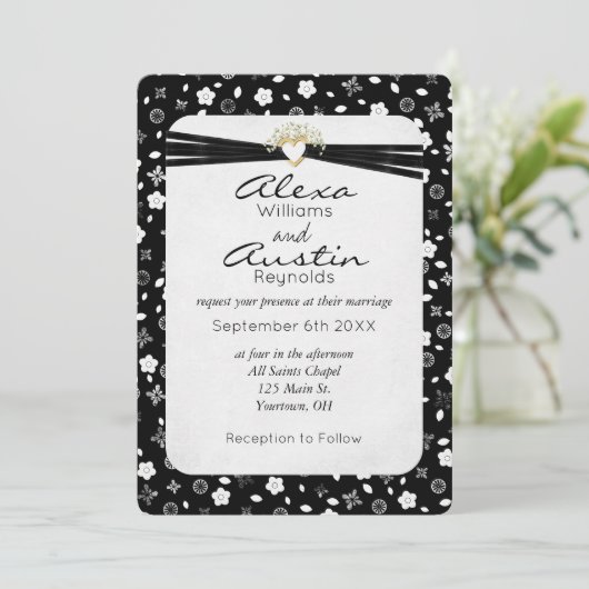 Zwart bruiloft in Gold Heart Kaart (Staand voorkant)